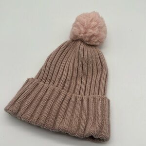 H&M Dusty Pink Rib Knit Beanie with Pink Pom